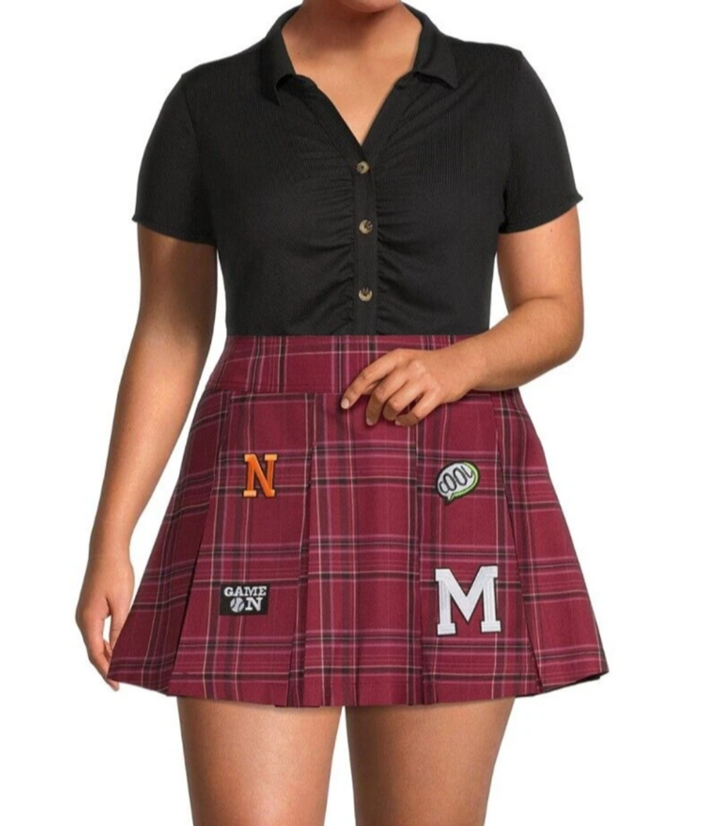 Red Plaid Skirt Pleated Patches 19 XXL No Boundaries Burgundy JUNIORS Punk Goth